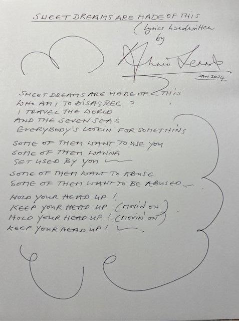 Annie Lennox Handwritten and Signed Lyrics to Eurythmics 'Sweet Dreams ...