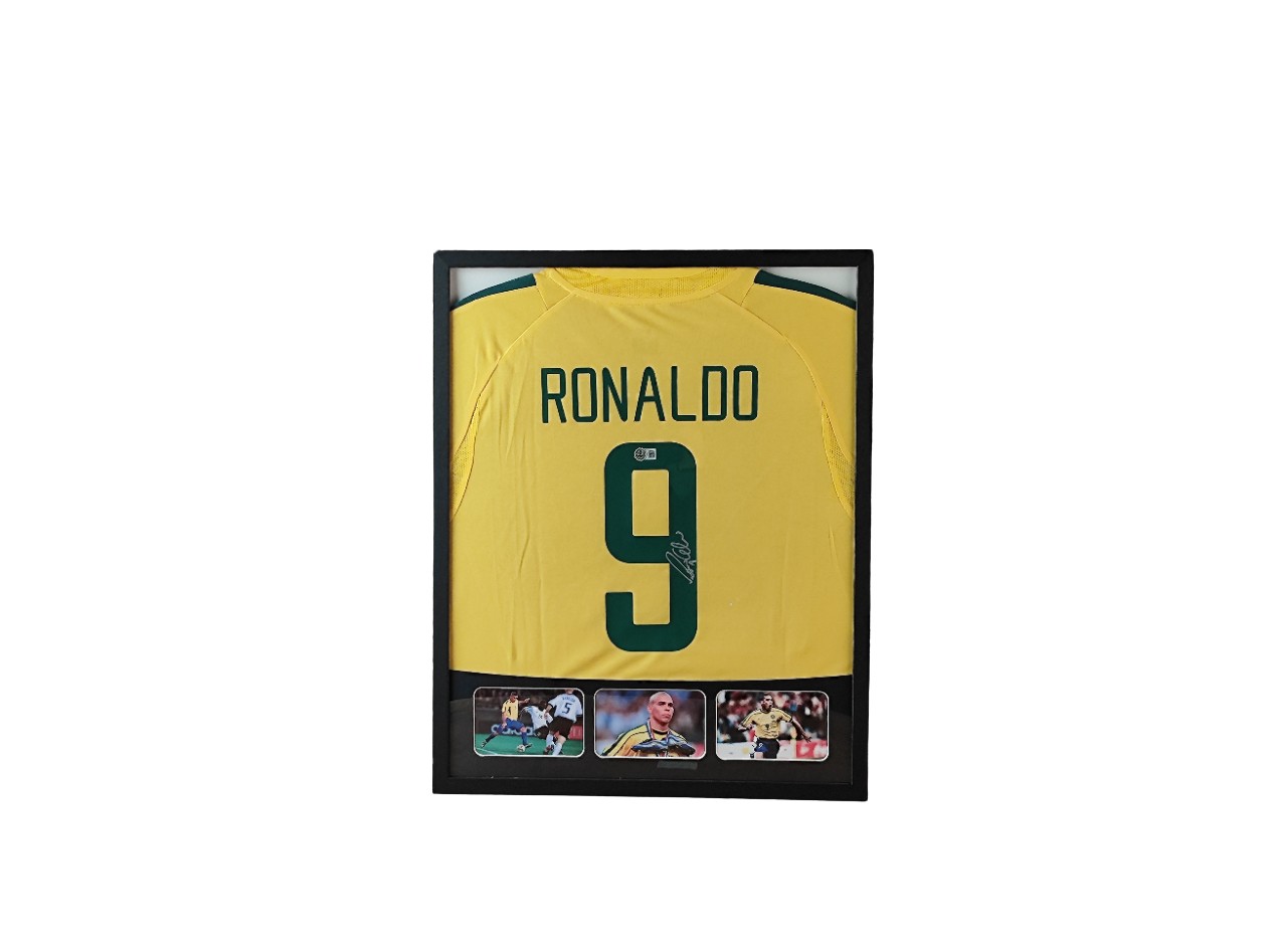 Ronaldo's Brazil Signed Shirt in a Deluxe High-Quality Frame
