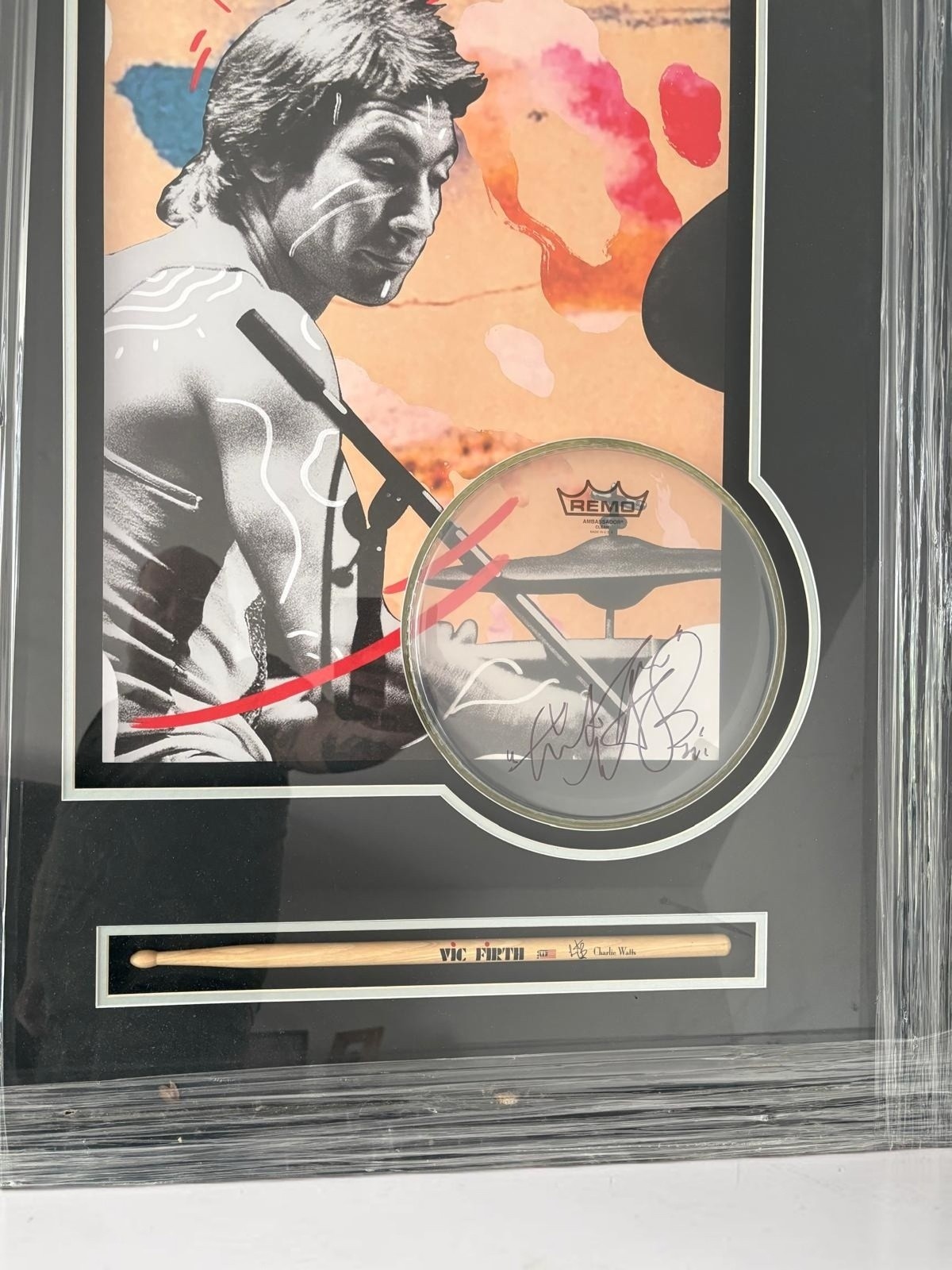 本物 Charlie watts 直筆サイン ローリングストーンズ Charlie Watts of The Rolling Stones Signed Drum Head Display