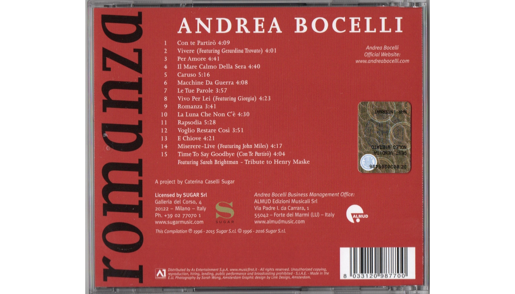 "Romanza" Album - Signed By Andrea Bocelli - CharityStars