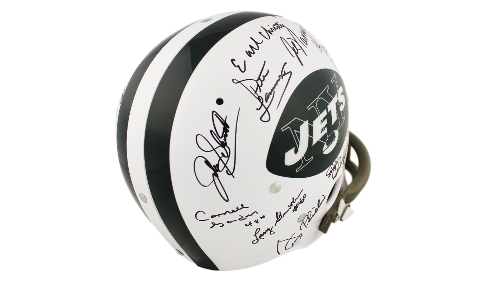 1969 New York Jets Full-Size Replica Throwback T/K Suspension Helmet  Team-Signed by (24) with Joe Namath, Emerson Boozer, Matt Snell, Don  Maynard, Pete Lammons, Dave Herman (Steiner COA)