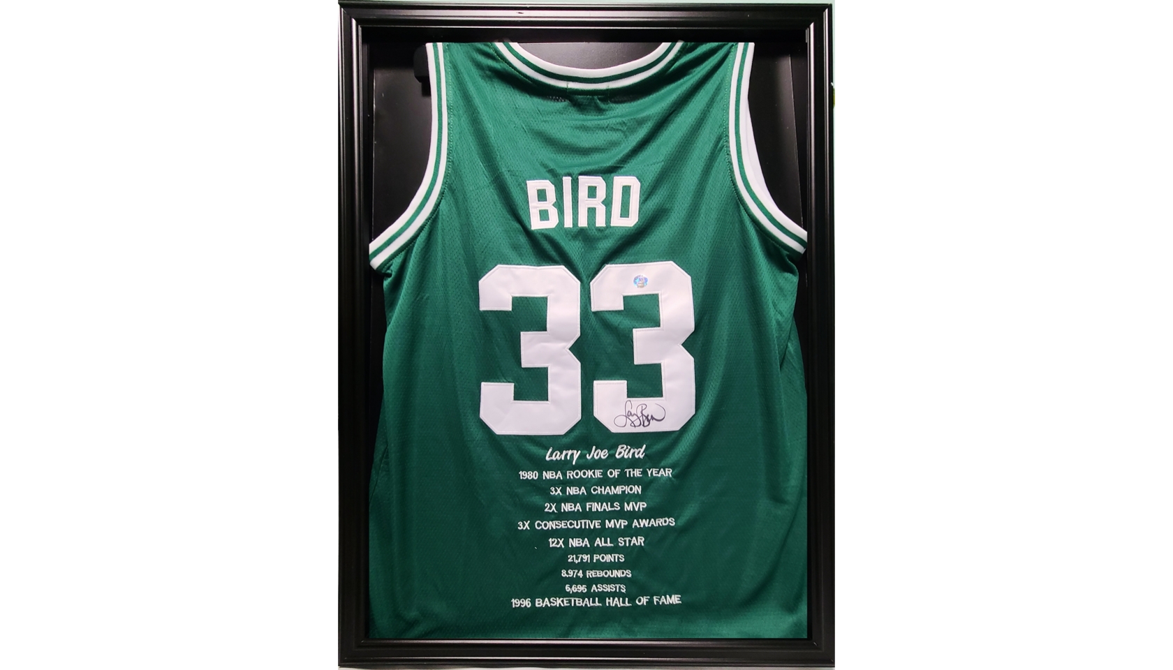 Larry Bird Hand Signed Stat Jersey with Frame - CharityStars