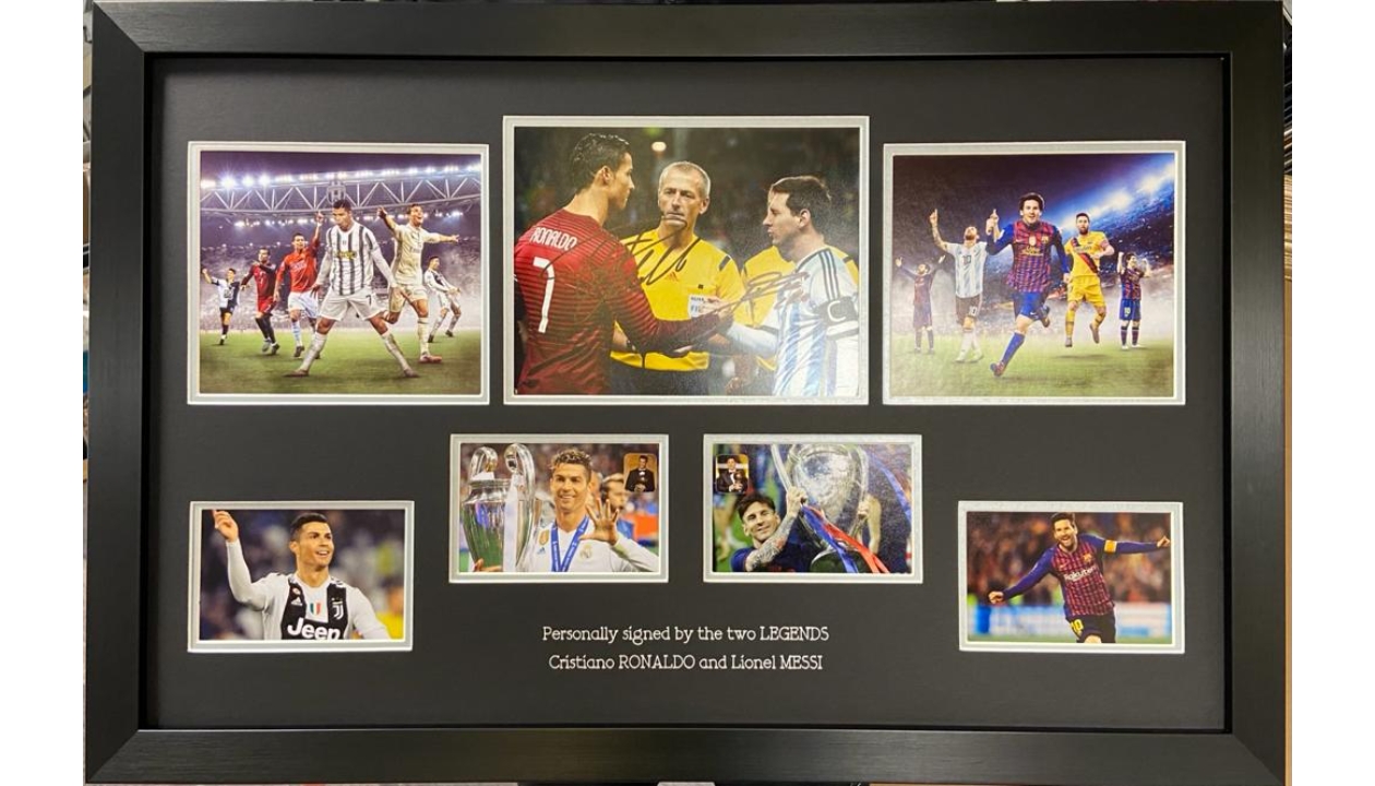 Lionel Messi Signed FC Barcelona Shirt & Cristiano Ronaldo Signed  Manchester United Shirt In Official UEFA Champions League Dual Frame