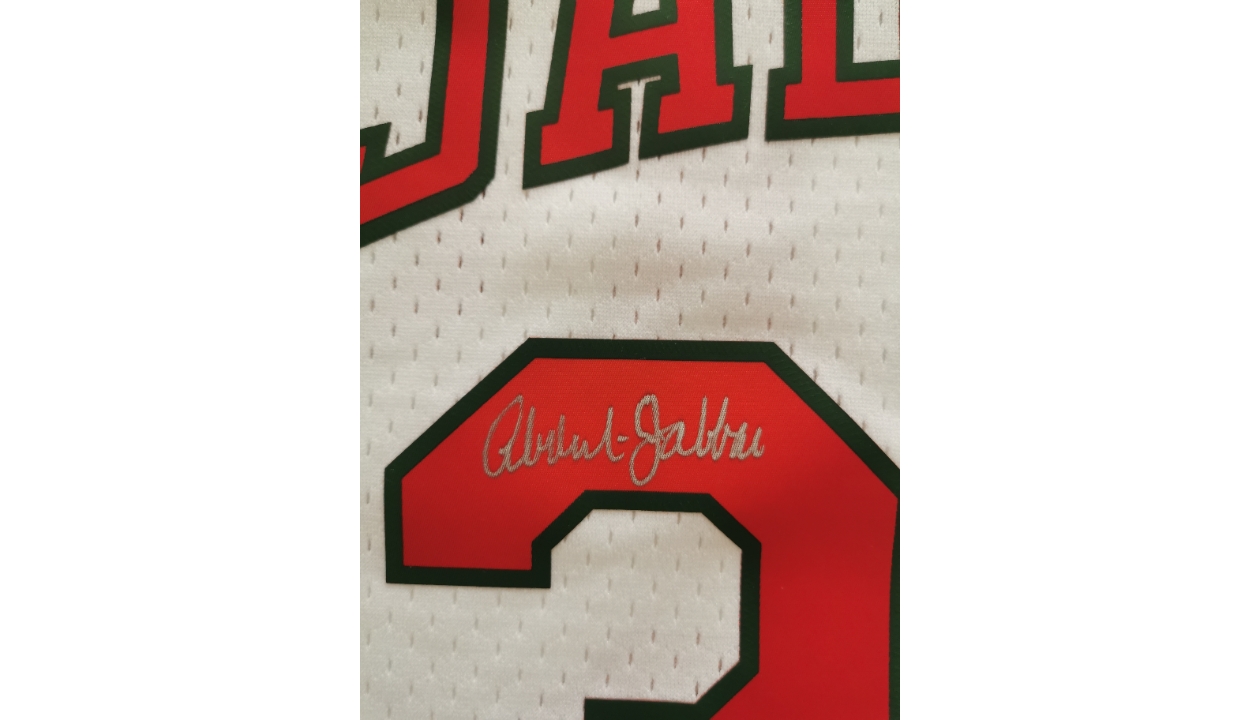 Jersey for the Milwaukee Bucks worn and signed by Kareem Abdul-Jabar