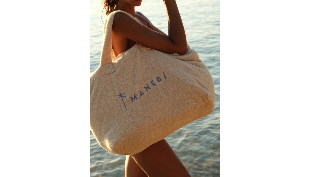 UhfmrShops, Handtasche MANEBI Riviera Bag Medium T 3.4 Aq Natural W Blue  Logo Terry Cotton