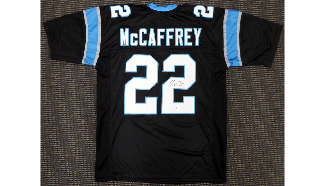 : Panthers Christian McCaffrey Autographed Blue Jersey Beckett  Witnessed : Sports & Outdoors