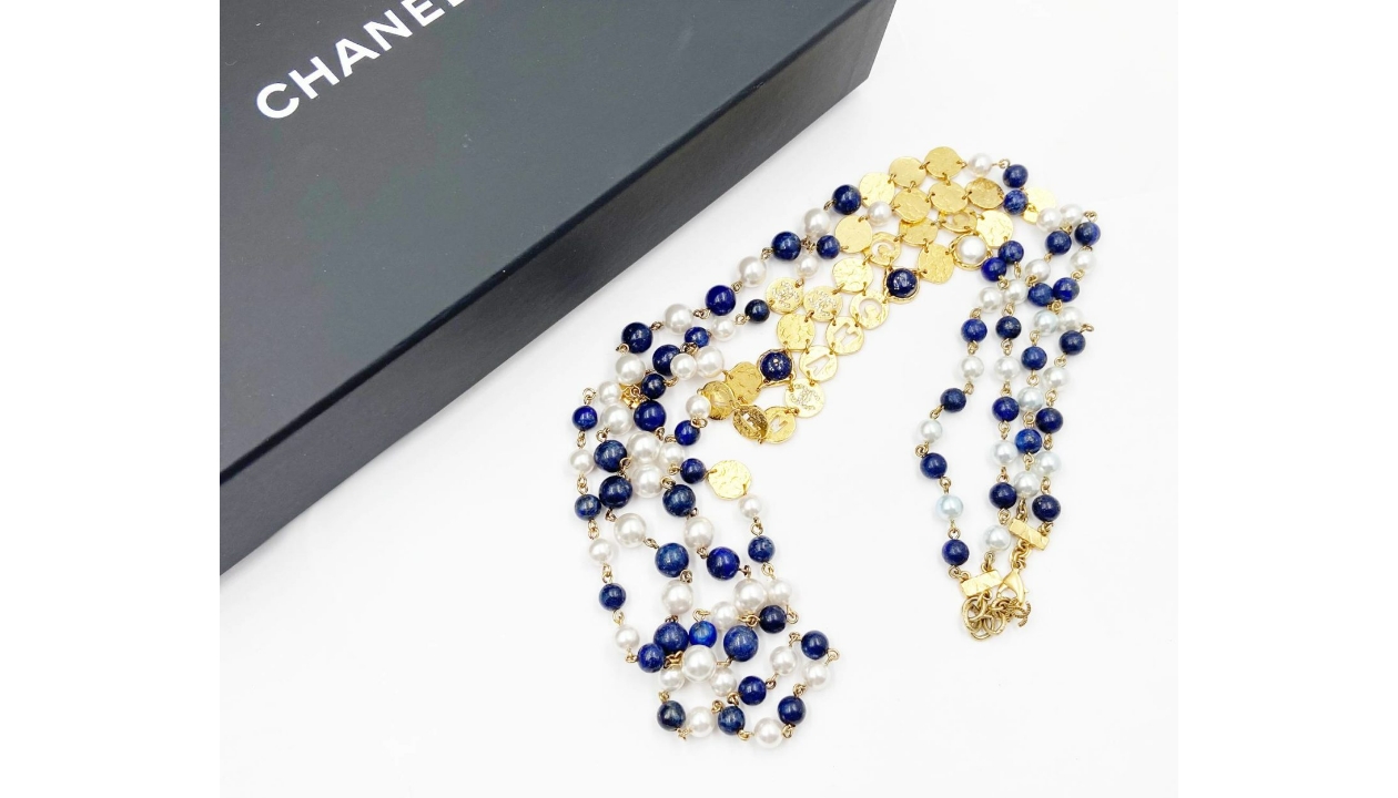 Chanel Gold CC Coin Navy Bead Pearl 2 Strand Necklace - CharityStars