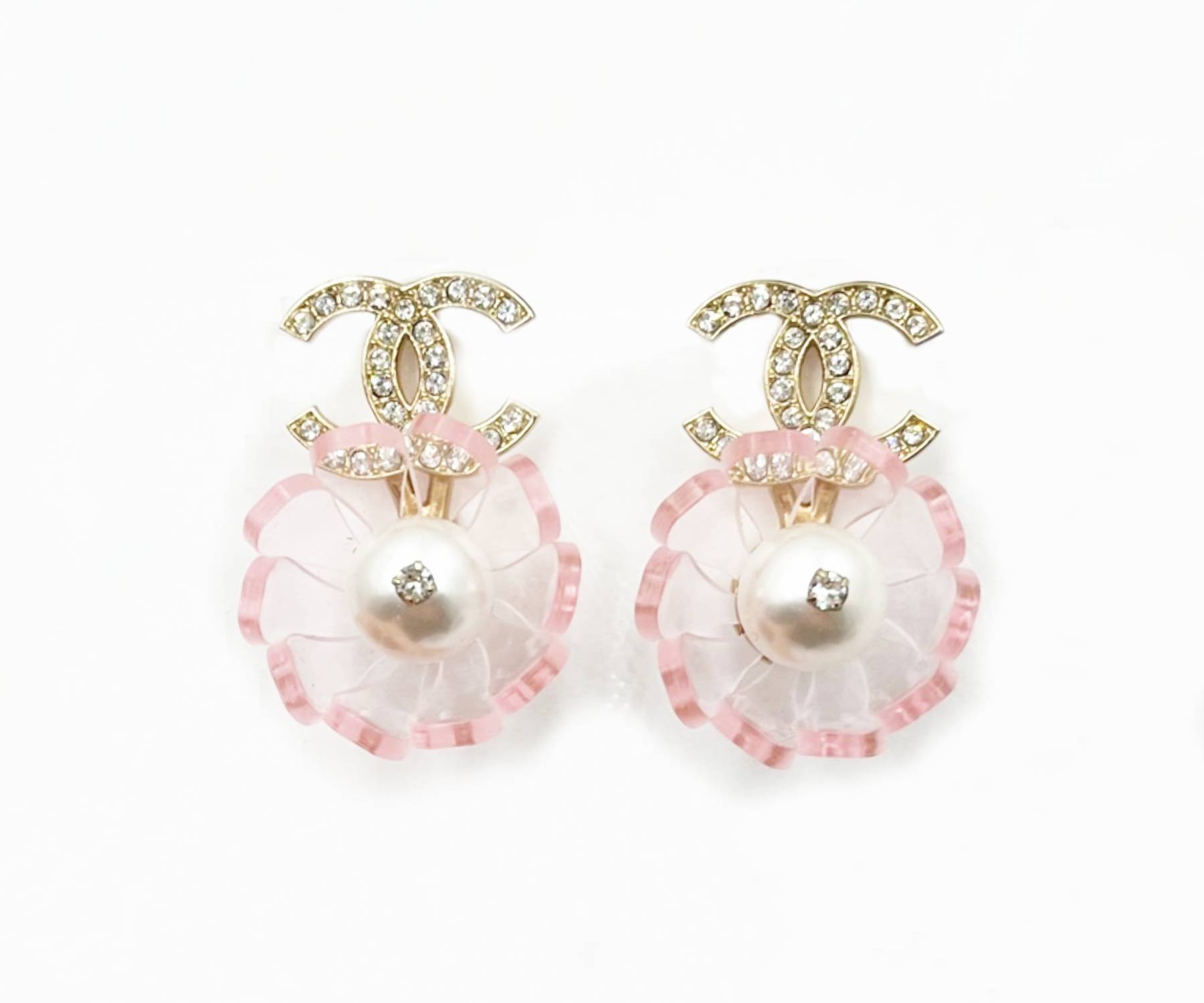 Chanel Gold CC Crystal Pink Flower Piercing Earrings - CharityStars