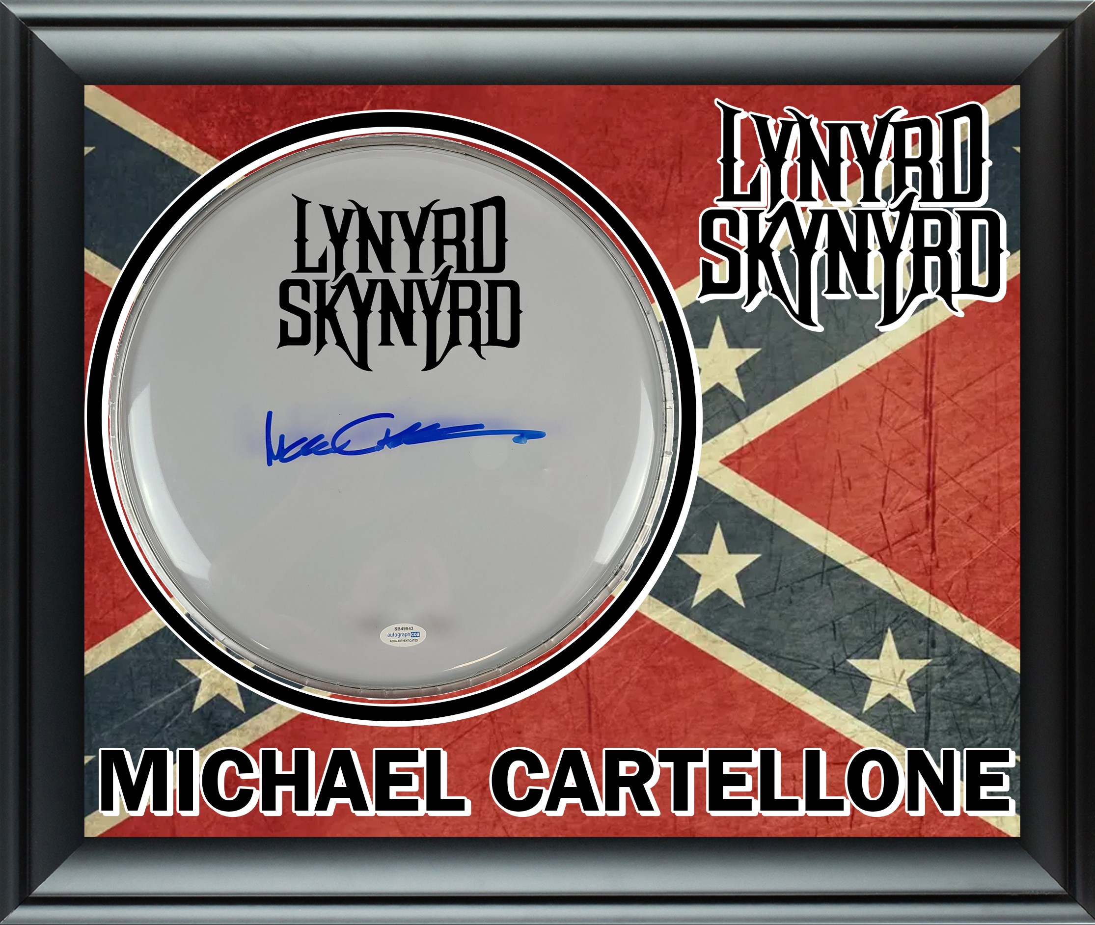 Michael Cartellone Lynyrd Skynyrd Signed Drumhead Display Charitystars