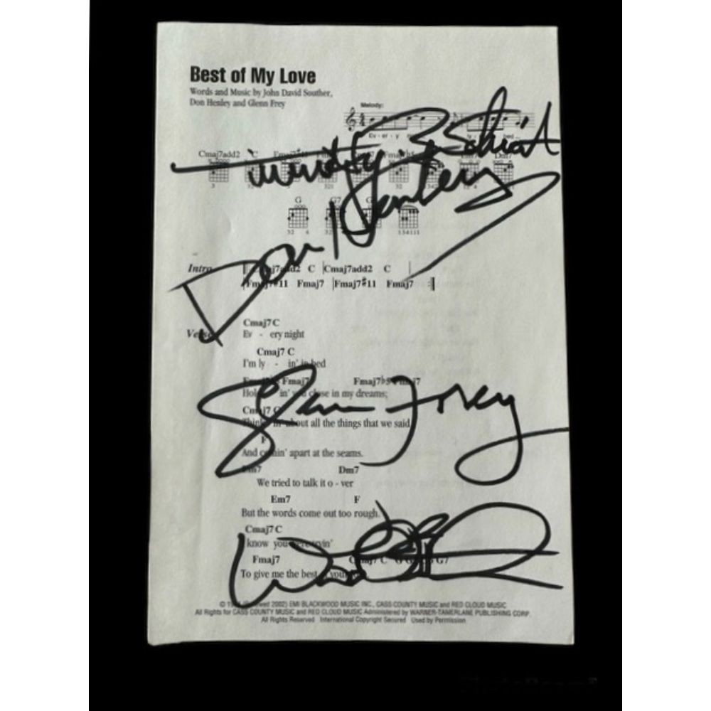 The Eagles Signed and Framed 'Get Over It' Lyrics Sheet