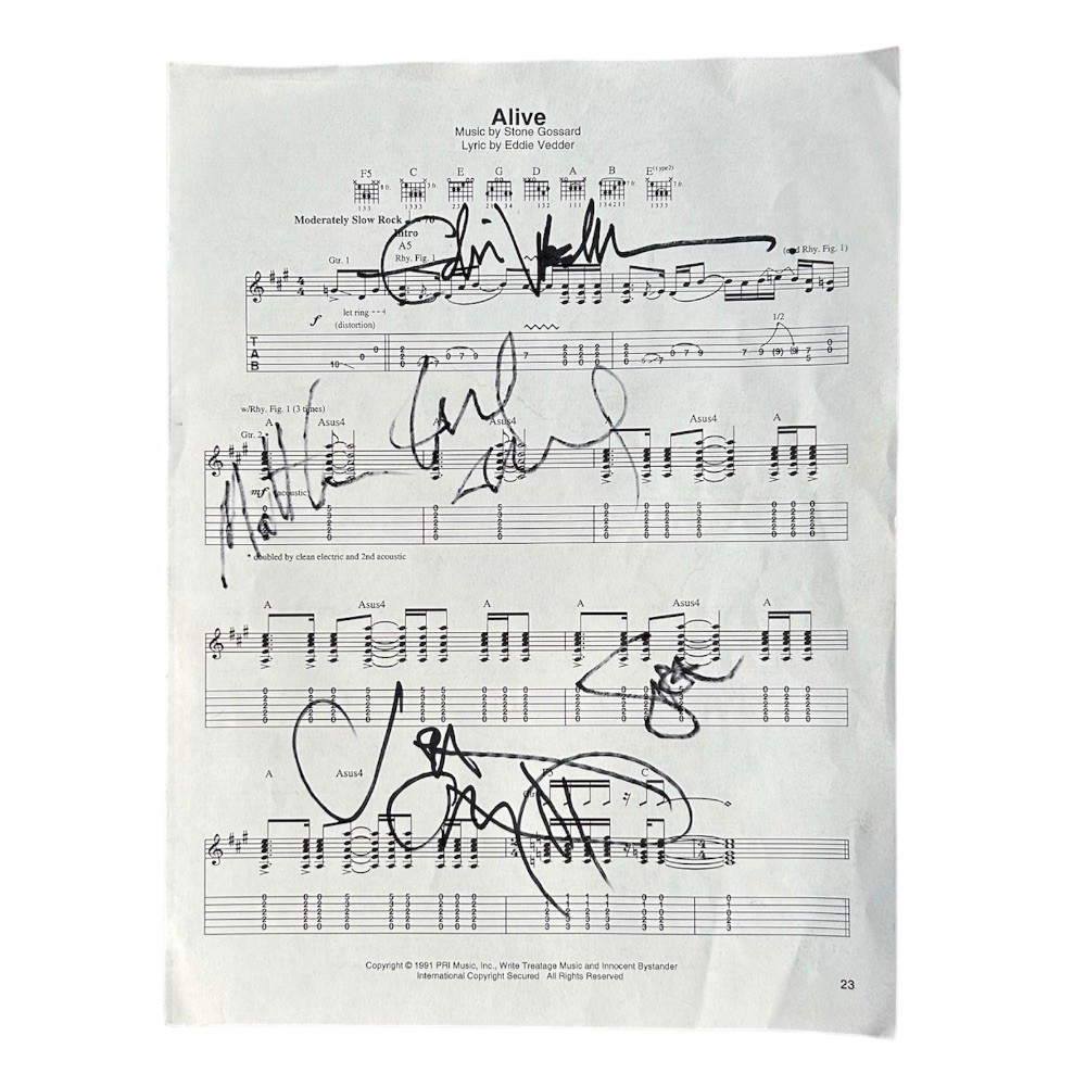 Pearl Jam Signed 'Alive' Sheet Music - CharityStars